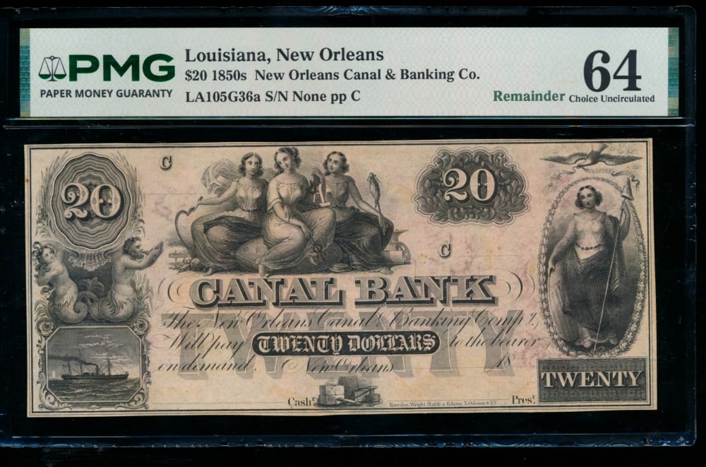 1850s $20 New Orleans LA Obsolete PMG 64: One 1850s $20 New Orleans LA Obsolete PMG 64.