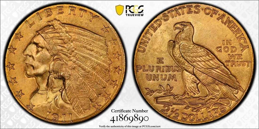 1911 $2.5 Indian Head Quarter Eagle Gold Coin PCGS MS64: One 1911 $2.5 Indian Head Quarter Eagle Gold Coin PCGS MS64.