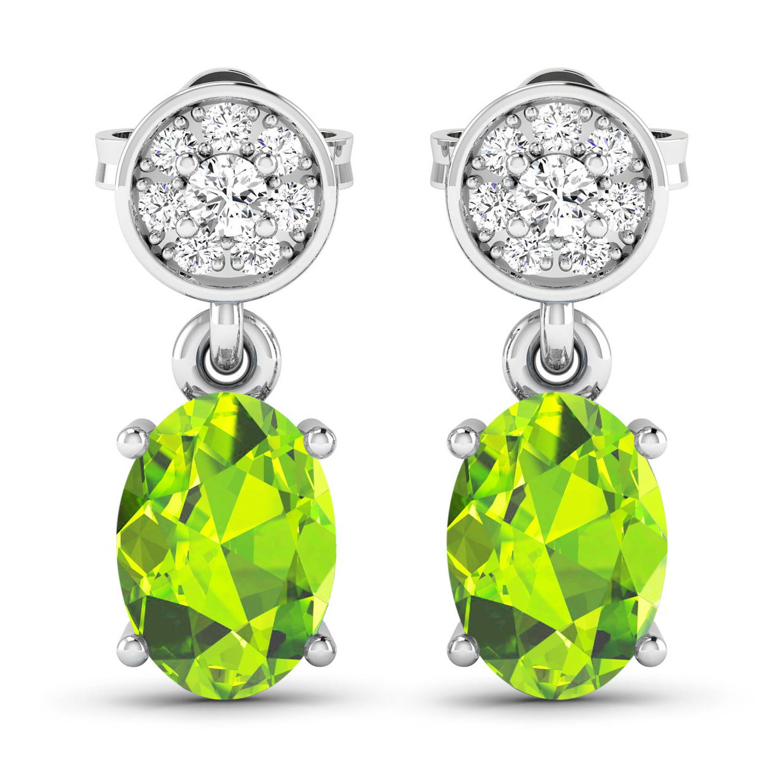 14KT White Gold 1.26ctw Peridot Topaz and Diamond Earrings: Peridot Oval 7x5mm - 2Pcs + White Diamond F/C Round 1.80mm - 2Pcs + White Diamond F/C Round 1.00mm - 14Pcs ( Push-Post ) ( I1-I2/I color ) Total weight of gemstones is 1.26cts. Total Diamond weight is