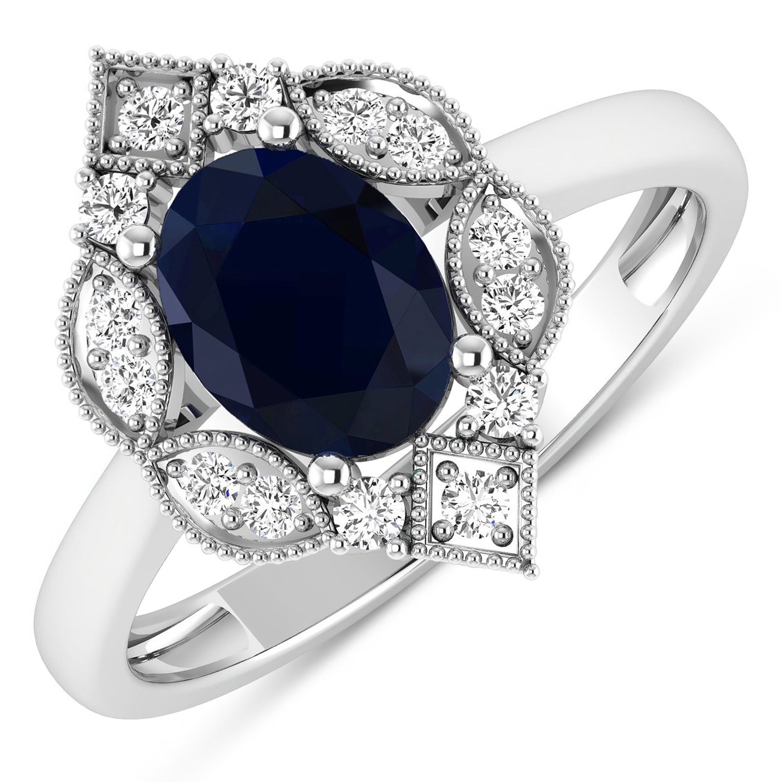 14KT White Gold 1.3ctw Blue Sapphire and Diamond Ring: Blue Sapphire (AA) Oval 8x6mm - 1Pc + White Diamond F/C Round 1.50mm - 14Pcs ( I1-I2/I color ) Total weight of gemstone is 1.3cts. Total Diamond weight is 0.2cts. Total weight of this ring is 2.5