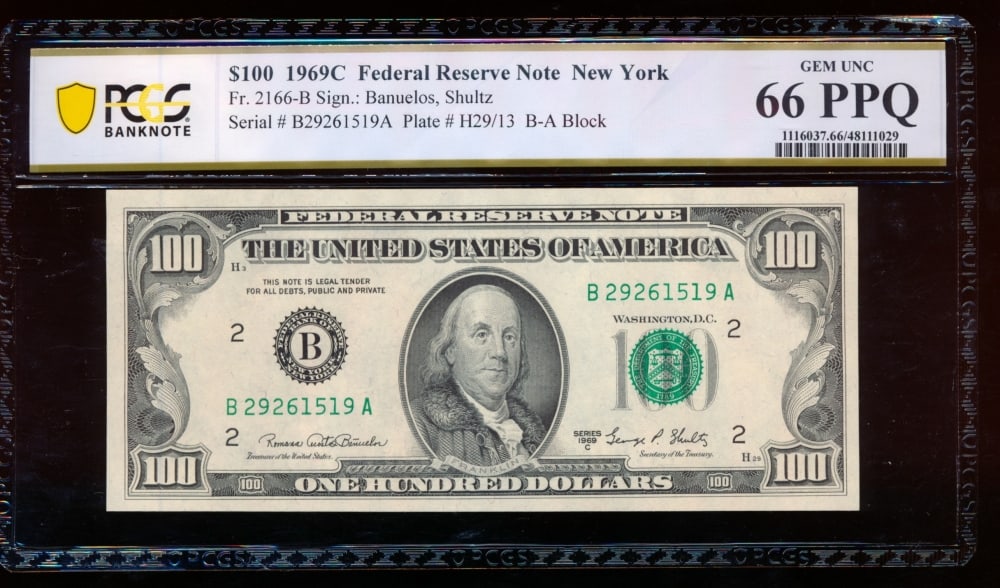 1969C $100 New York FRN PCGS 66PPQ: One 1969C $100 New York FRN PCGS 66PPQ.