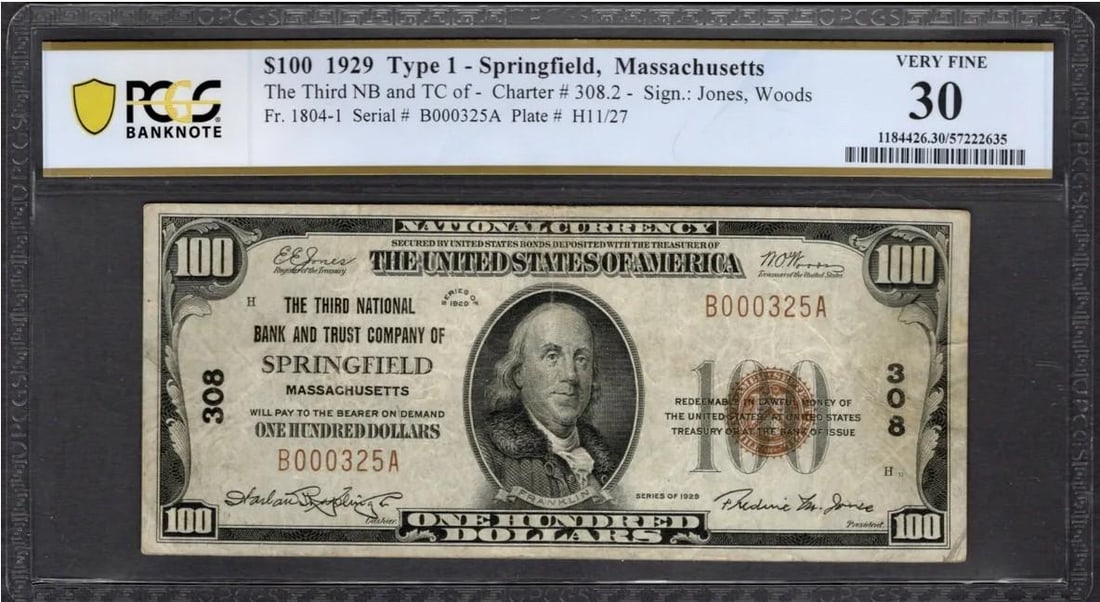 1929 $100 Springfield MA National PCGS 30: One 1929 $100 Springfield MA National PCGS 30.