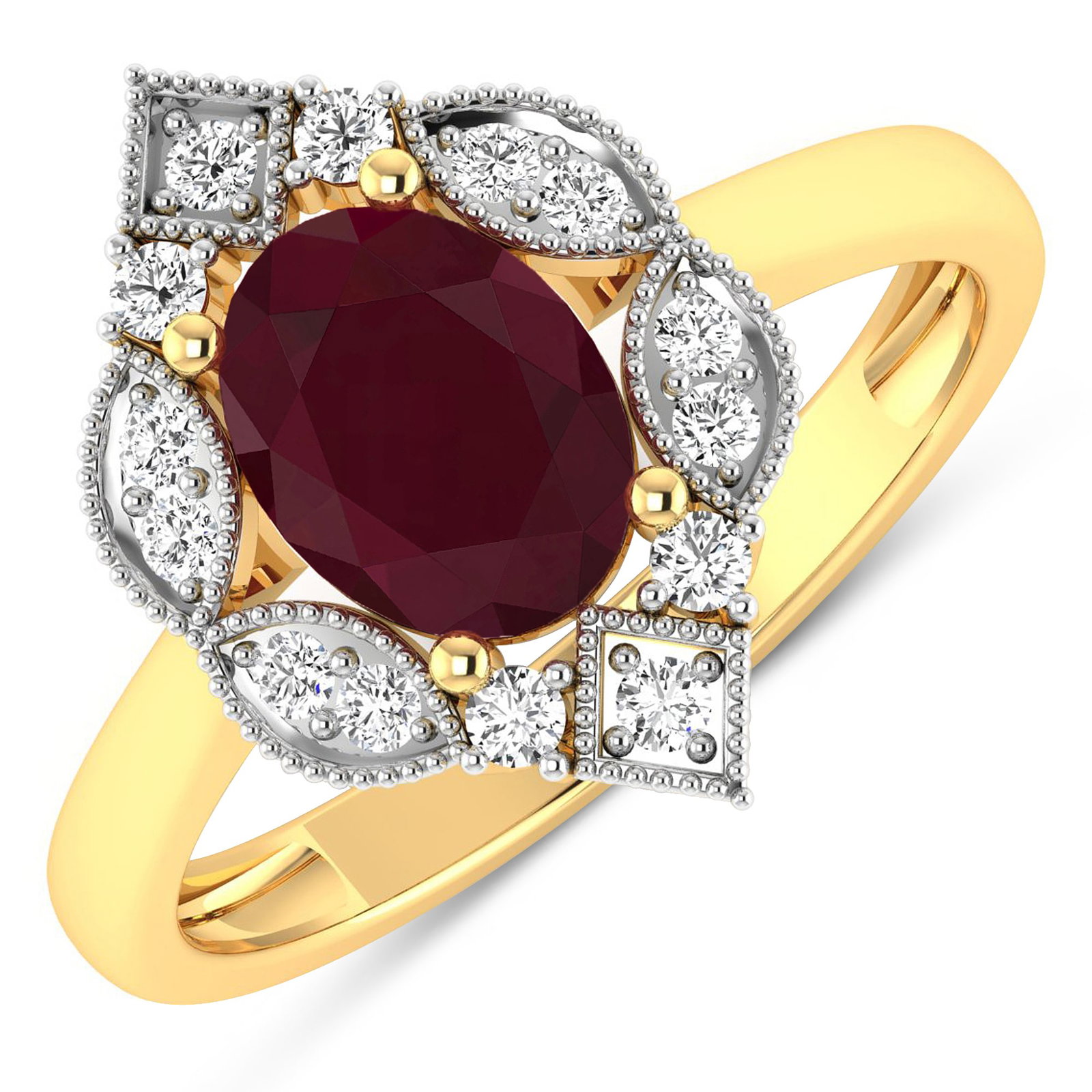 14KT Yellow Gold 1.5ctw Ruby and Diamond Ring: Ruby (AA) Oval 8x6mm - 1Pc + White Diamond F/C Round 1.50mm - 14Pcs ( White Pan Rhodium ) ( I1-I2/I color ) Total weight of gemstone is 1.5cts. Total Diamond weight is 0.2cts. Total weight of this