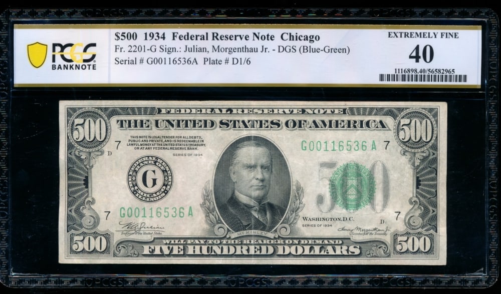1934 $500 Chicago FRN PCGS 40: One 1934 $500 Chicago FRN PCGS 40.