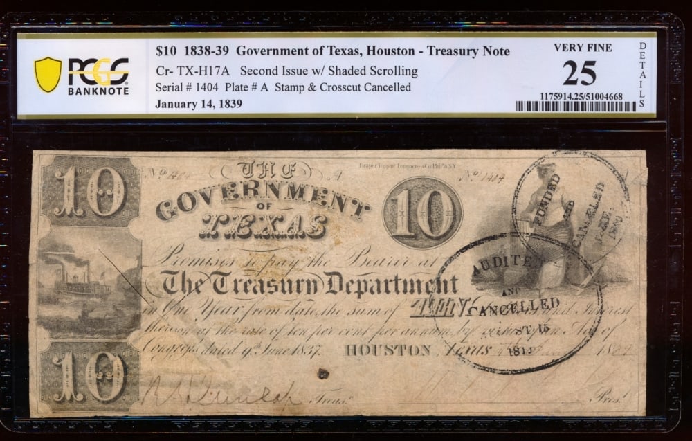 1838-39 $10 Government of TX Obsolete Treasury Note PCGS 25 (1 of 2)