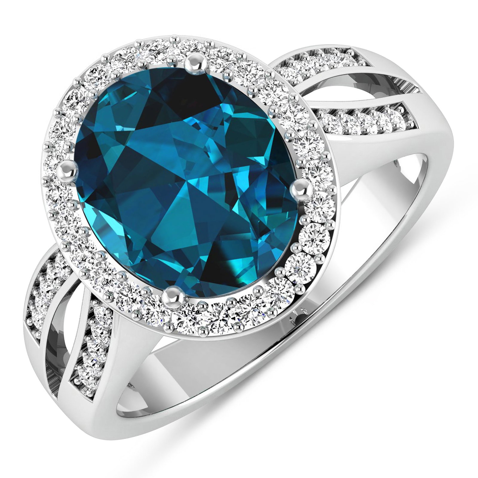 14KT White Gold 3.7ctw London Blue Topaz and Diamond Ring: London Blue Topaz Oval 11x9mm - 1Pc + White Diamond F/C Round 1.30mm - 26Pcs + White Diamond F/C Round 1.10mm - 20Pcs ( SI-2/HI ) Total weight of gemstone is 3.7cts. Total Diamond weight is 0.39cts. T