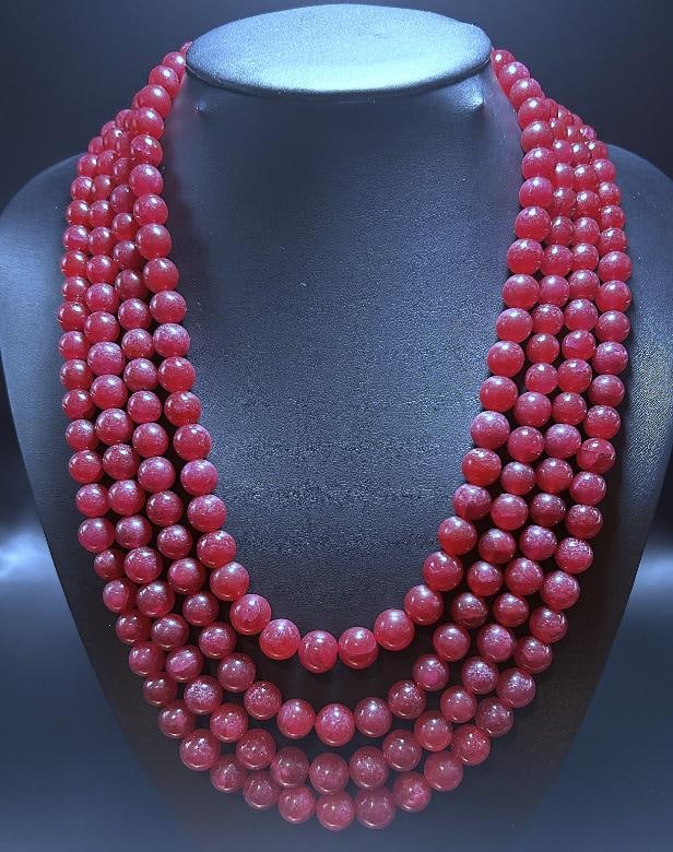 Beautiful 826 Cttw 4 Strand Natural Ruby Necklace: Beautiful Huge 826.5 Cttw. Mined From The Earth 4 Strand Natural Ruby Necklace. These fine polished beads measure approx 8 mm. and are near perfect round cuts. The neck size is adjustable from as smal
