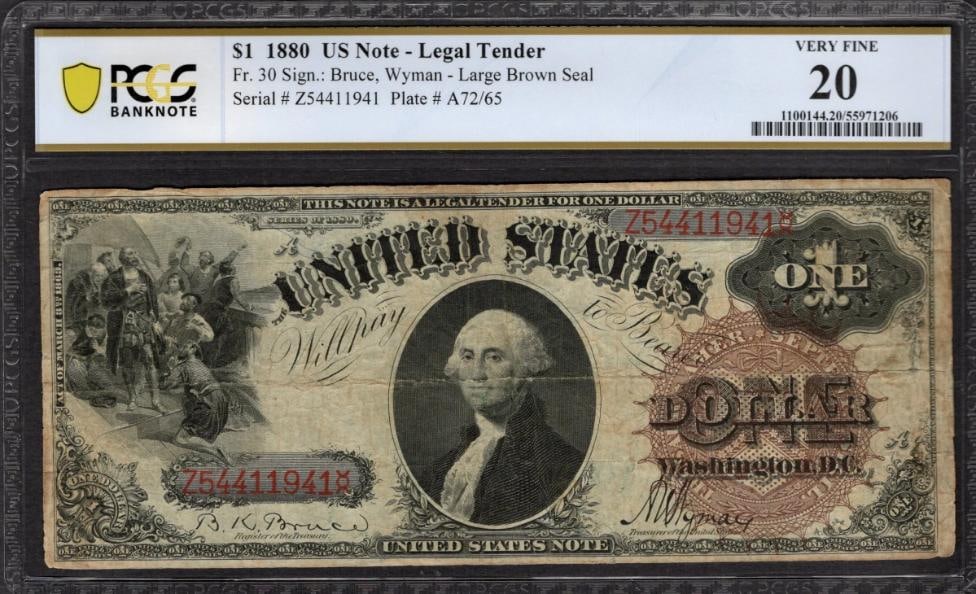 1880 $1 Legal Tender Note PCGS 20: One 1880 $1 Legal Tender Note PCGS 20.