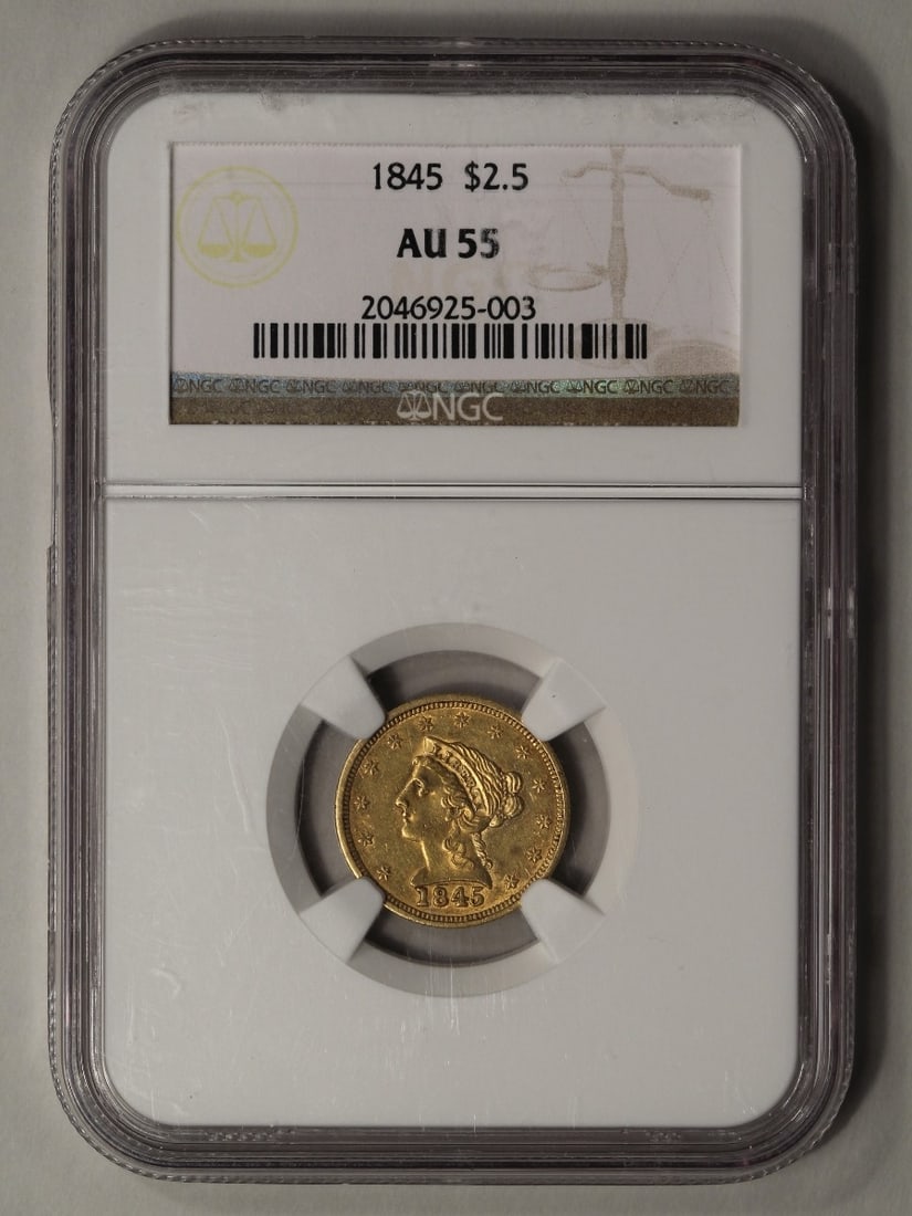 1845 $2.5 Quarter Eagle Gold Coin NGC AU55: One 1845 $2.5 Quarter Eagle Gold Coin NGC AU55.