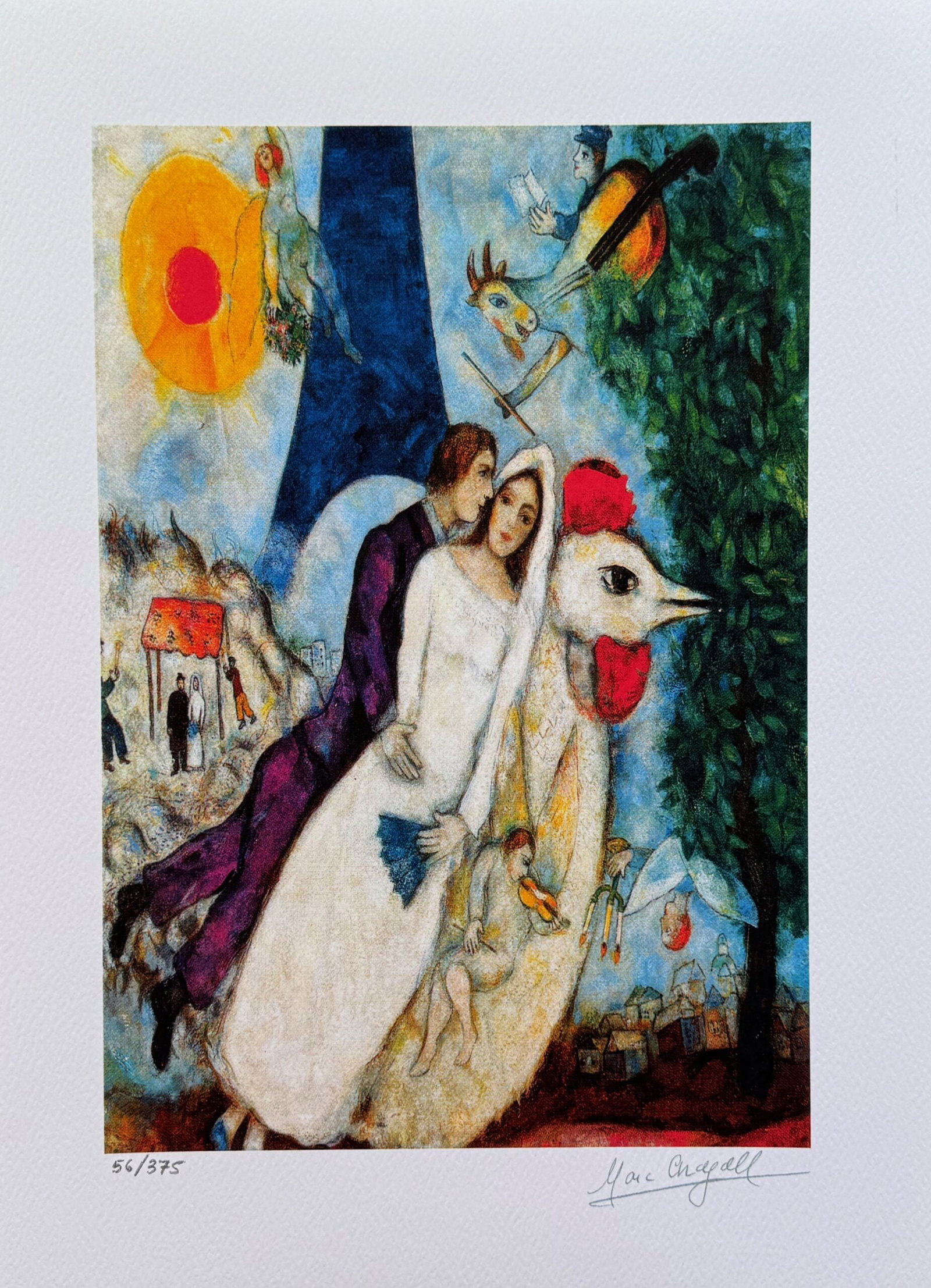 Marc Chagall BRIDE & GROOM OF THE EIFFEL TOWER Limited Edition Giclee: This is a Marc Chagall limited edition small giclee titled BRIDE AND GROOM OF THE EIFFEL TOWER. This giclee is facsimile signed on the lower right and is pencil numbered on the lower left from an edit