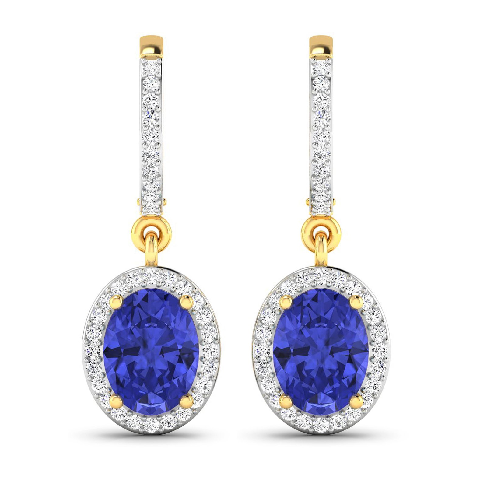 14KT Yellow Gold 2.18ctw Tanzanite and Diamond Earrings: Tanzanite (AA+) Oval 8x6mm - 2Pcs + White Diamond F/C Round 1.00mm - 70Pcs ( Clip On ) ( White Pan Rhodium ) ( I1-I2/I color ) Total weight of gemstones is 2.18cts. Total Diamond weight is 0.32cts. To