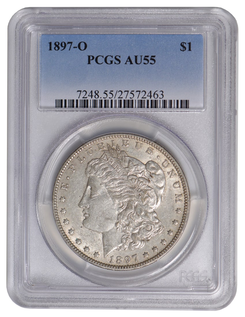 1897-O $1 Morgan Silver Dollar PCGS AU55: One 1897-O $1 Morgan Silver Dollar PCGS AU55.