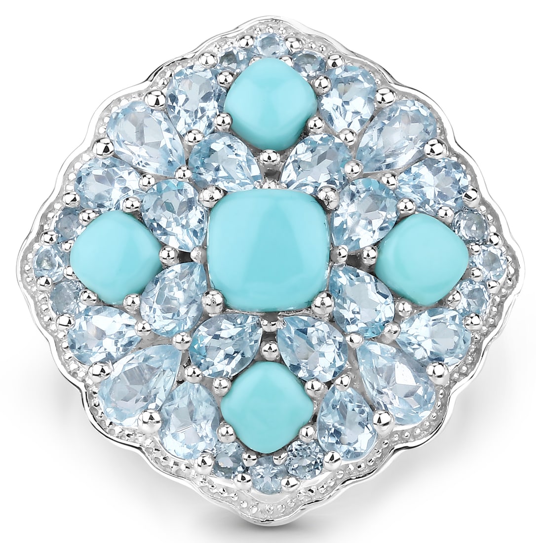 Plated Rhodium 1.87ctw Turquoise and Blue Topaz Ring: 6.18 Carat Genuine Turquoise and Blue Topaz.925 Sterling Silver Ring. Turquoise Cushion/6.00mm - 1/0.75 ctw Prong Setting Natural Stabilized E + Turquoise Cushion/4.00mm - 4/1.12 ctw Natural Stabilize