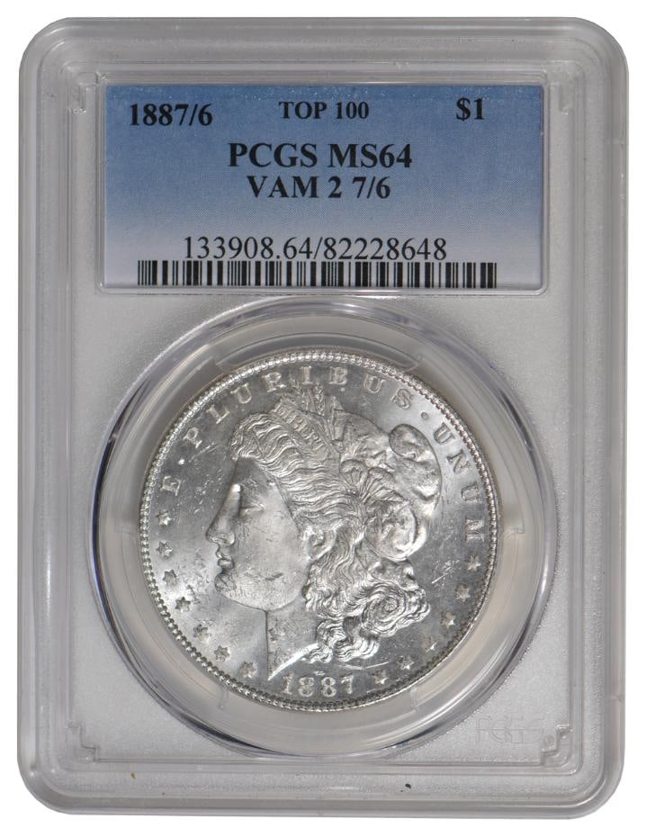 1887/6 $1 Morgan Silver Dollar PCGS MS64: One 1887/6 $1 Morgan Silver Dollar PCGS MS64.