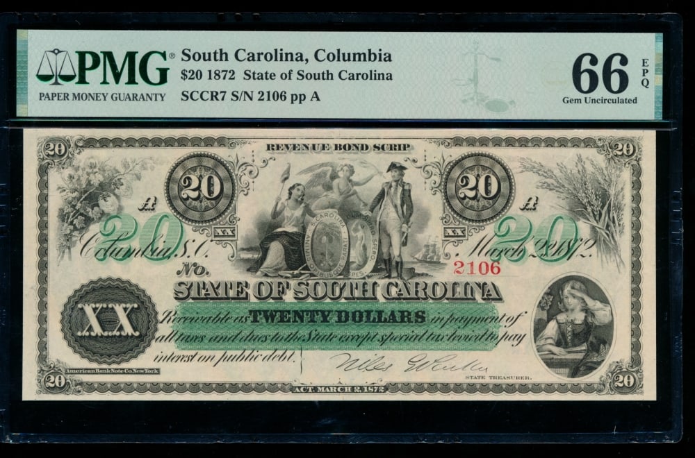 1872 $20 Columbia SC Obsolete PMG 66EPQ (1 of 2)