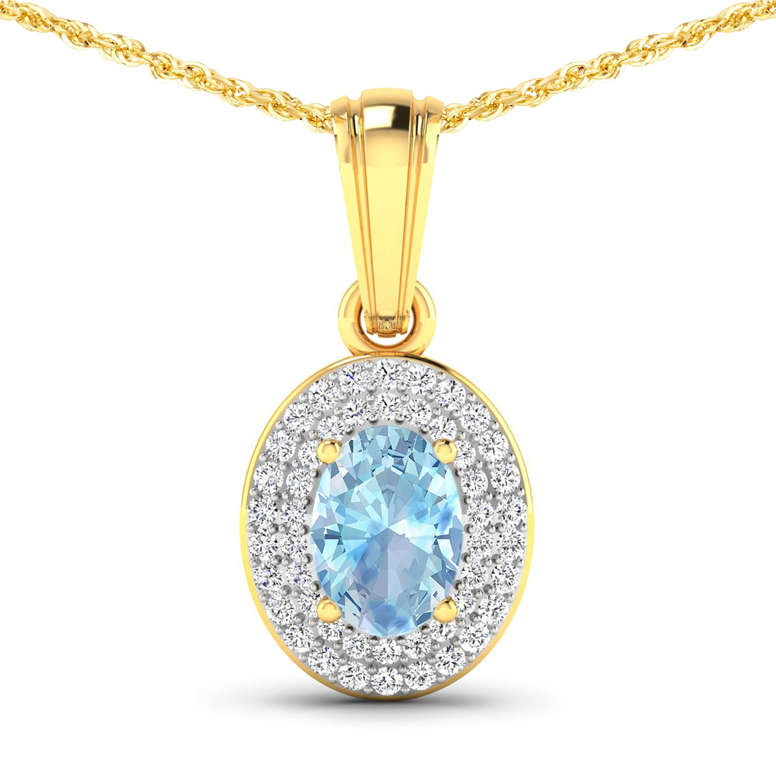 14KT Yellow Gold 0.51ctw Aquamarine and Diamond Pendant: Aquamarine Oval 7x5mm - 1Pc + White Diamond F/C Round 0.90mm - 48Pcs (I1-I2/I color) Total weight of gemstone is 0.51cts. Total Diamond weight is 0.16cts. Total weight of this pendant is 1.4 grams.