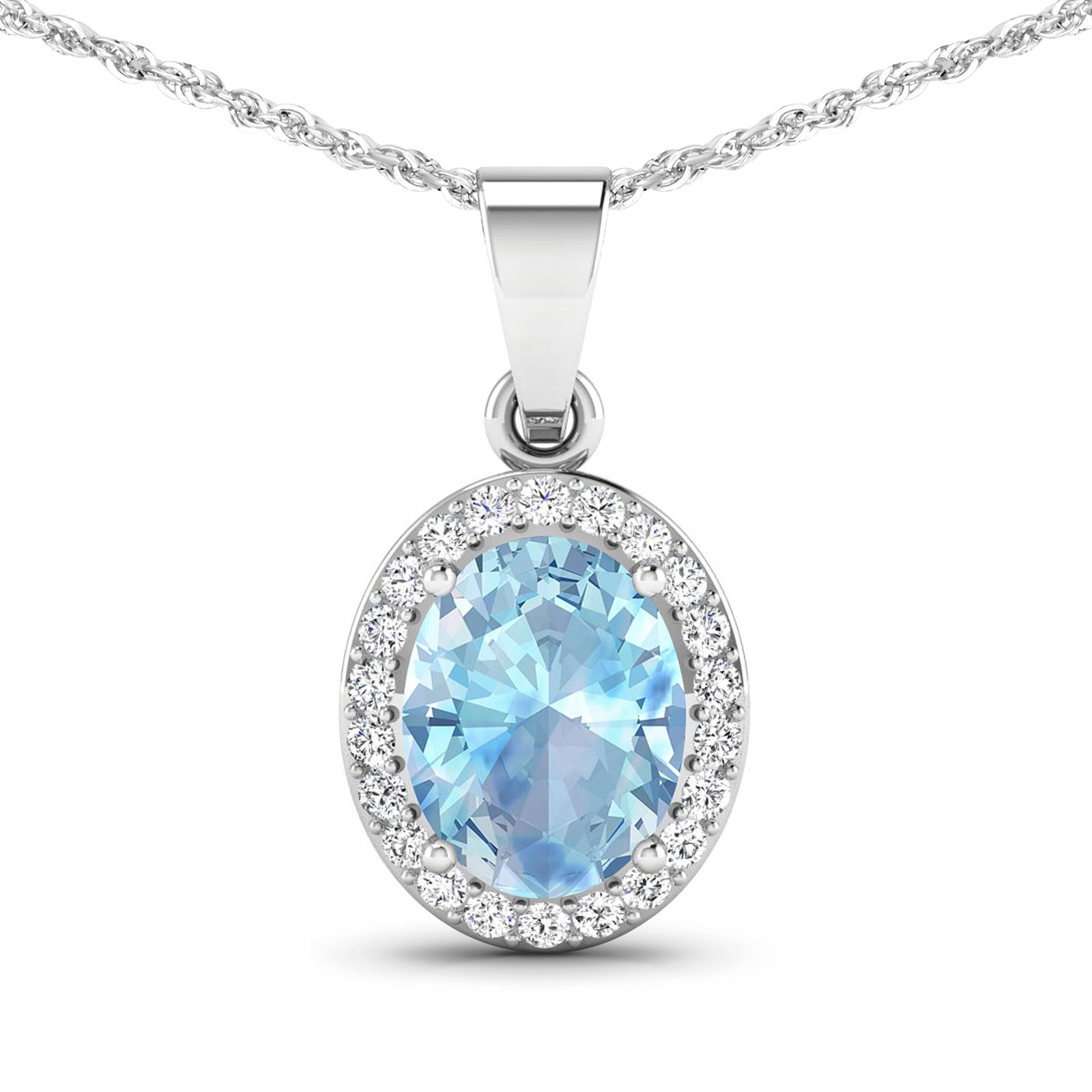 14KT White Gold 1.4ctw Aquamarine and Diamond Pendant: Aquamarine Oval 9x7mm - 1Pc + White Diamond F/C Round 1.30mm - 22Pcs (I1-I2/I color) Total weight of gemstone is 1.4cts. Total Diamond weight is 0.22cts. Total weight of this pendant is 1.68 grams.