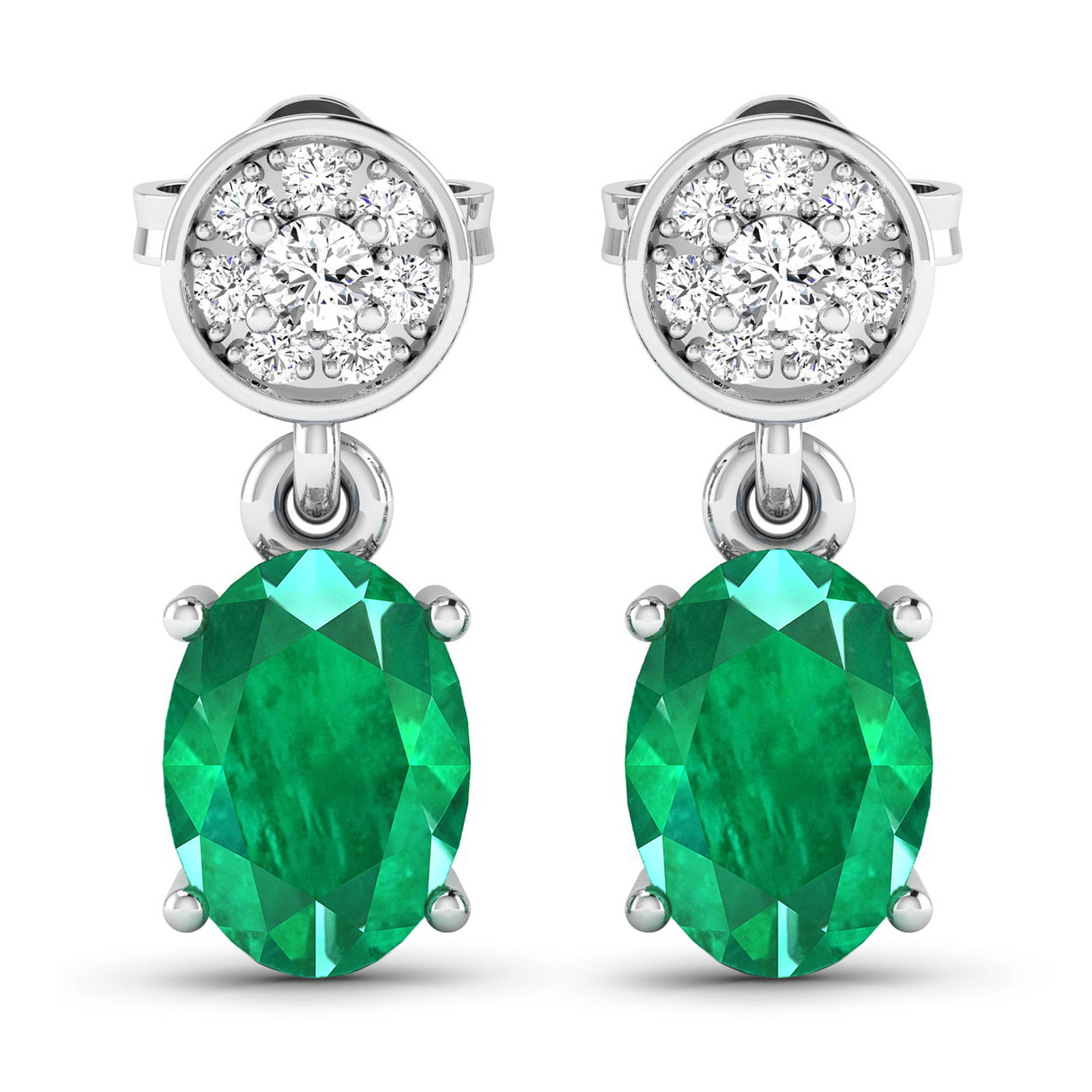 14KT White Gold 1.12ctw Zambian Emerald and Diamond Earrings: Zambian Emerald (AA) Oval 7x5mm - 2Pcs + White Diamond F/C Round 1.80mm - 2Pcs + White Diamond F/C Round 1.00mm - 14Pcs ( Push-Post ) ( I1-I2/I color ) Total weight of gemstones is 1.12cts. Total Diam