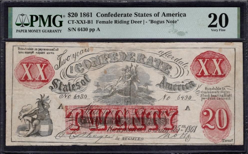 1861 $20 Confederate PMG 20: One 1861 $20 Confederate PMG 20.