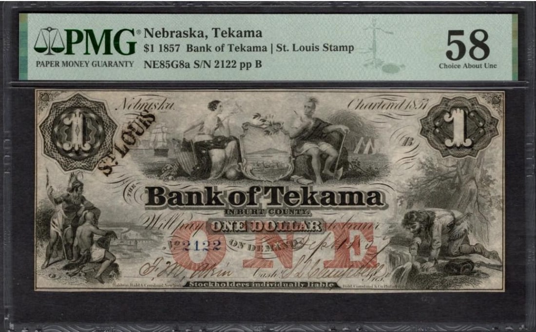 1857 $1 Tekama NE National PMG 58: One 1857 $1 Tekama NE National PMG 58.