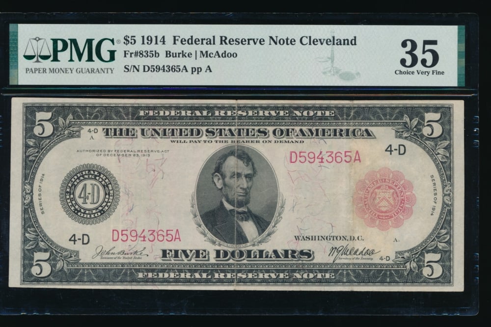 1914 $5 Red Seal Cleveland FRN PMG 35: One 1914 $5 Red Seal Cleveland FRN PMG 35.
