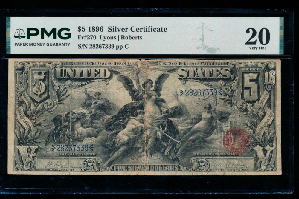 1896 $5 Educational Silver Certificate PMG 20: One 1896 $5 Educational Silver Certificate PMG 20.