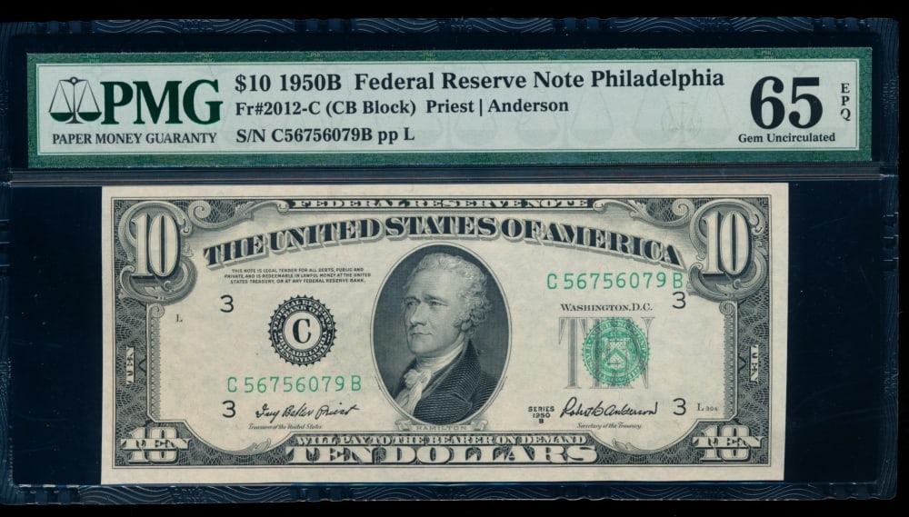 1950B $10 Philadelphia FRN PMG 65EPQ: One 1950B $10 Philadelphia FRN PMG 65EPQ.