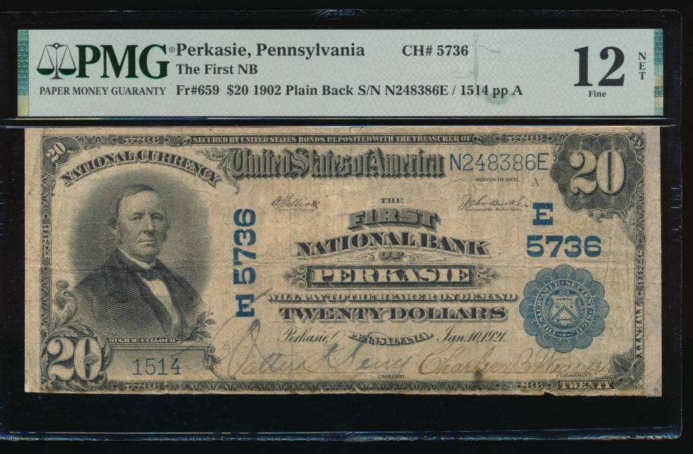1902 $20 Perkasie PA National PMG 12NET: One 1902 $20 Perkasie PA National PMG 12NET.