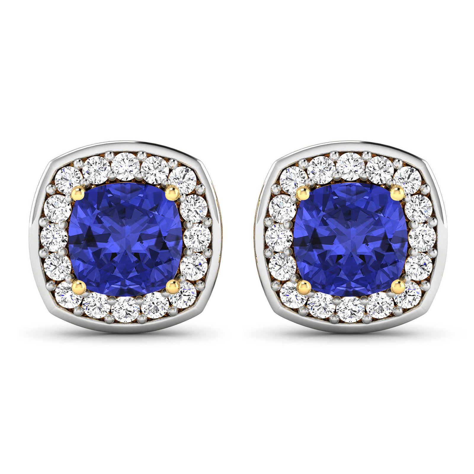 14KT Yellow Gold 1.64ctw Tanzanite and Diamond Earrings: Tanzanite (AA+) Cushion 6.00mm - 2Pcs + White Diamond F/C Round 1.50mm - 32Pcs ( Diamond Quality : SI-2/HI ) ( Push Post ) Total weight of gemstones is 1.64cts. Total Diamond weight is 0.44cts. Total 