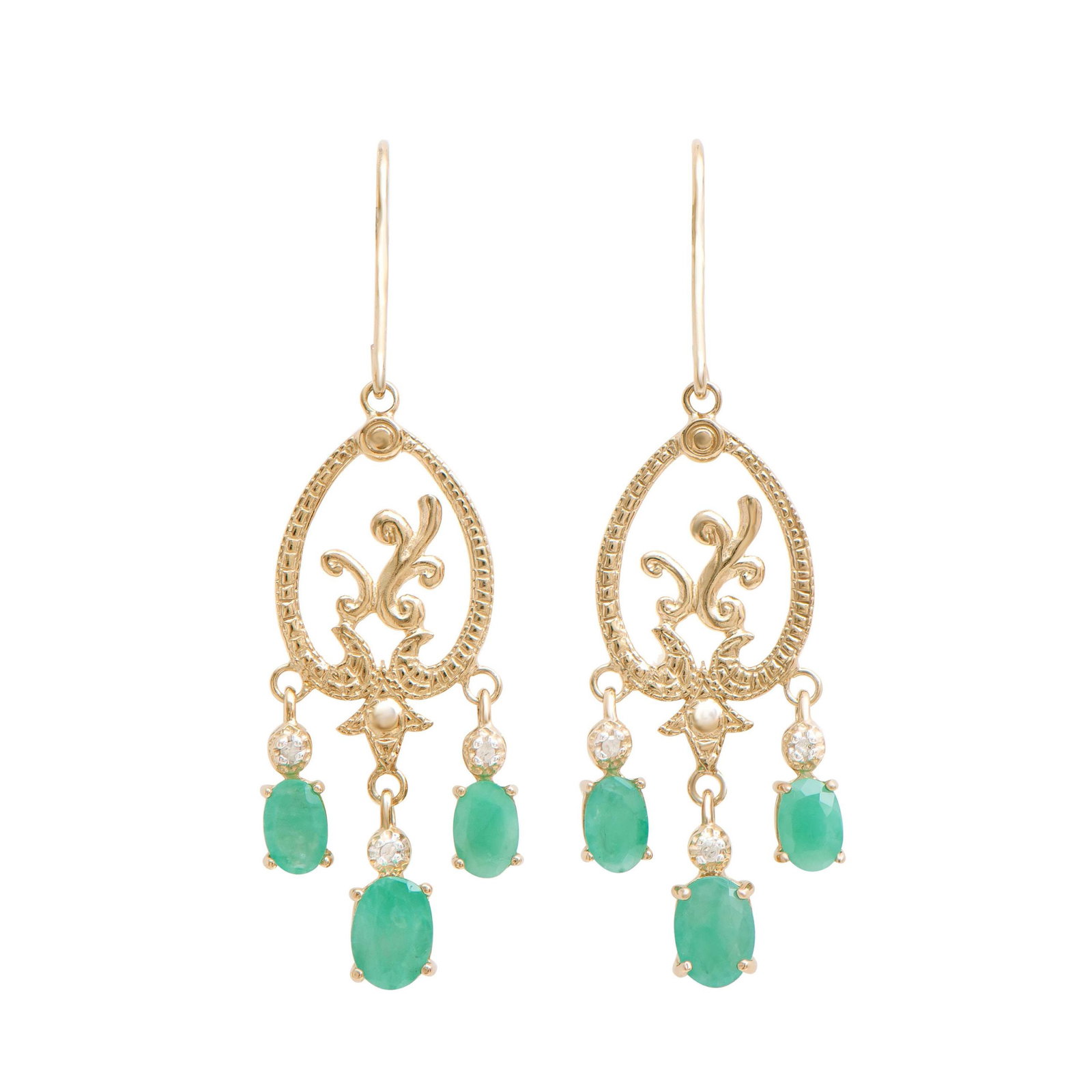 Plated 18KT Yellow Gold and Sterling Silver 3.60ctw Emerald Earrings: (2) Emeralds with a total weight of 1.55cts. (4) Emeralds with a total weight of 2.05cts.(6) round Diamonds with a total weight of 0.06cts with a color of H-I and clarity of i3. Total weight of these 