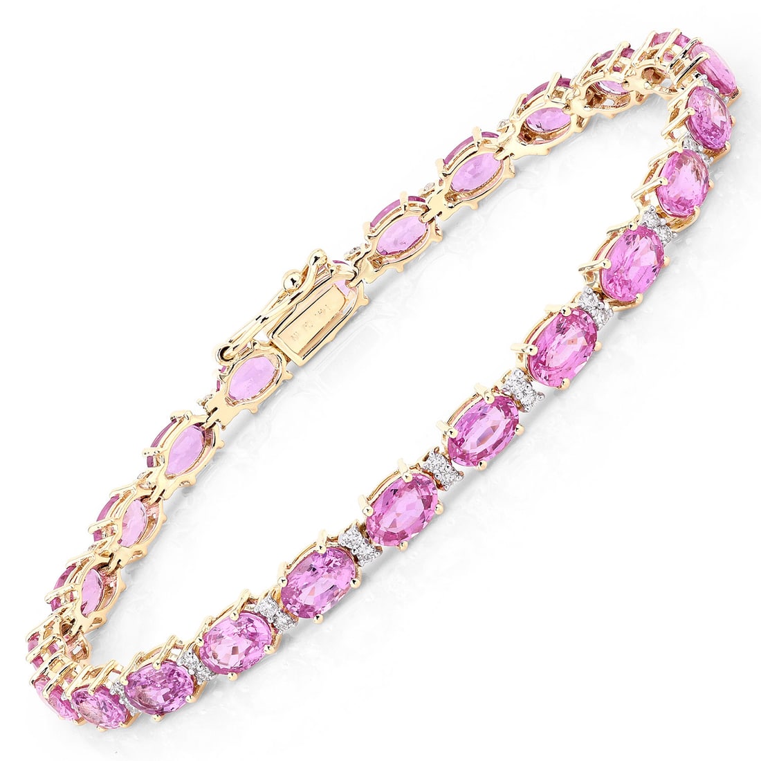 14KT Yellow Gold 14.33ctw Pink Sapphire and Diamond Bracelet: This elegant women's tennis bracelet is crafted from 14K yellow gold with a fine finish and features a secure box clasp with tongue and safety closures. Measuring 7 inches in length, 6.20 mm in