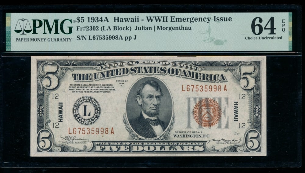 1934A $5 Hawaii FRN PMG 64EPQ: One 1934A $5 Hawaii FRN PMG 64EPQ.