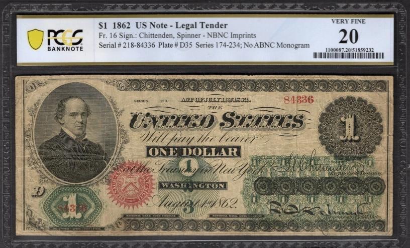 1862 $1 Legal Tender Note PCGS 20: One 1862 $1 Legal Tender Note PCGS 20.