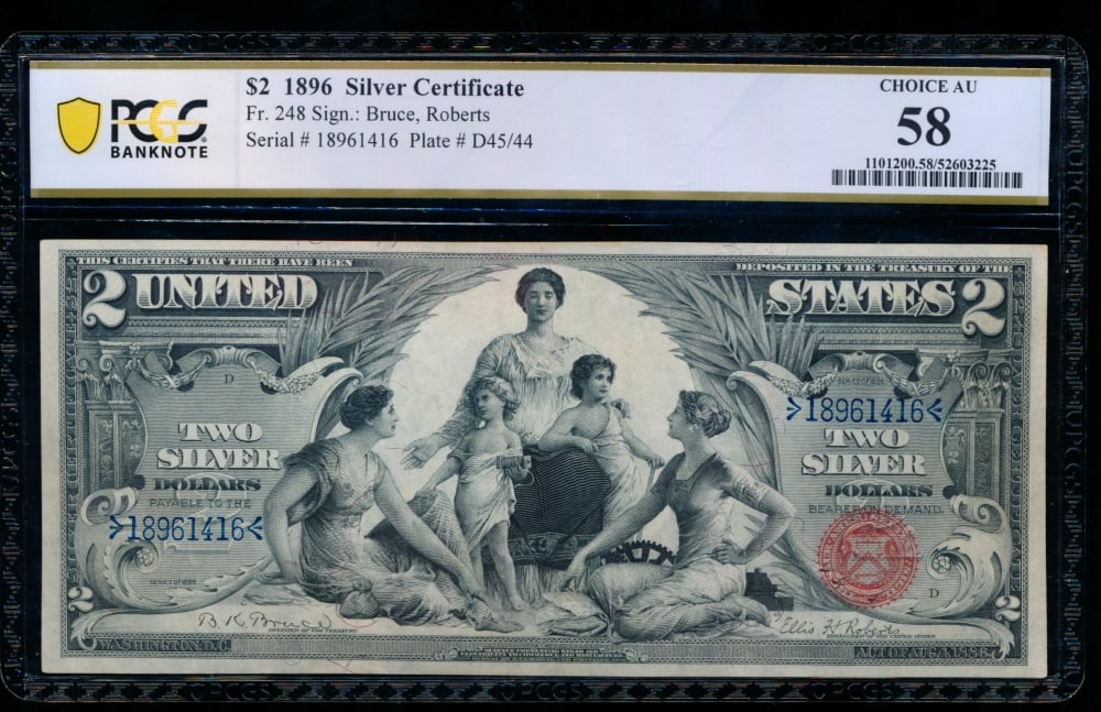 1896 $2 Educational Silver Certificate PCGS 58: One 1896 $2 Educational Silver Certificate PCGS 58.