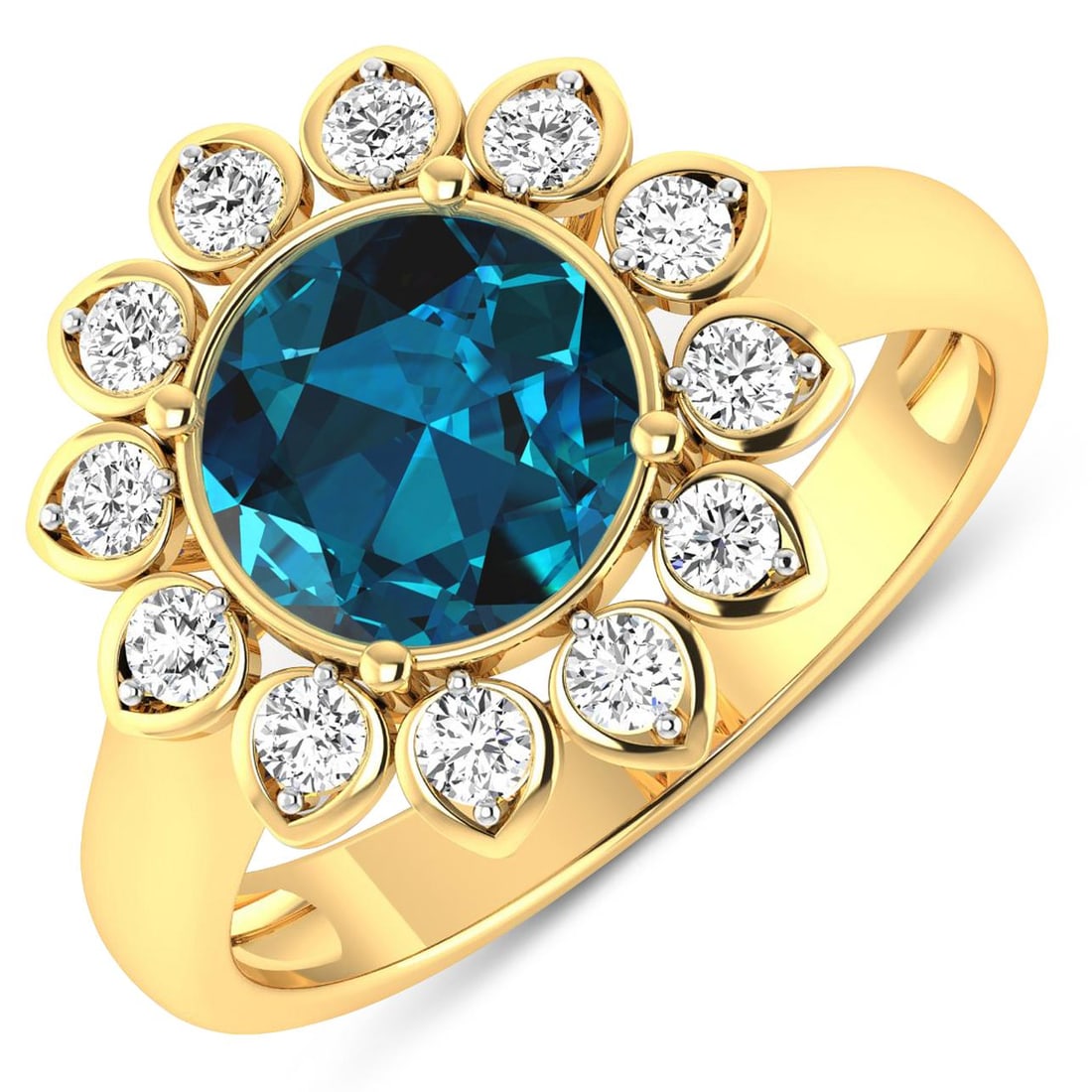 14KT Yellow Gold 2.05ctw London Blue Topaz and Diamond Ring: London Blue Topaz Round 8.00mm - 1Pc + White Diamond F/C Round 2.00mm - 12Pcs ( White Pan Rhodium ) ( SI-2/HI ) Total weight of gemstone is 2.05cts. Total Diamond weight is 0.36cts. Total weight of