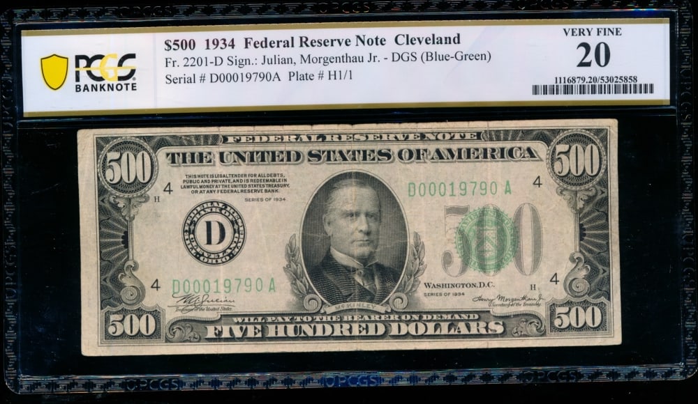 1934 $500 Cleveland FRN PCGS 20: One 1934 $500 Cleveland FRN PCGS 20.