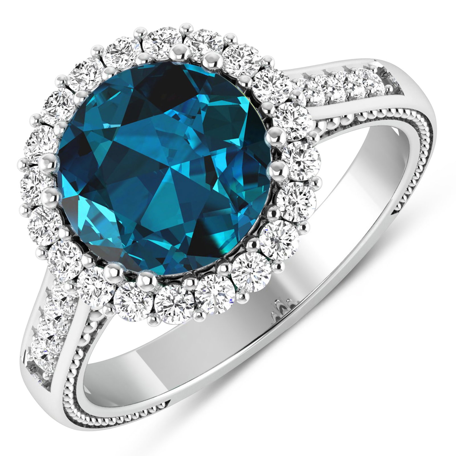 14KT White Gold 2.9ctw London Blue Topaz and Diamond Ring: London Blue Topaz Round 9.00mm - 1Pc + White Diamond F/C Round 1.90mm - 4Pcs + White Diamond F/C Round 1.60mm - 16Pcs + White Diamond F/C Round 1.40mm - 10Pcs ( SI-2/HI ) Total weight of gemstone is