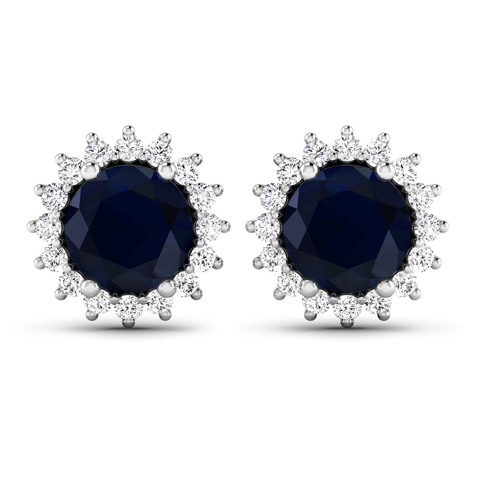 14KT White Gold 2.2ctw Blue Sapphire and Diamond Earrings: Blue Sapphire (AA) Round 6.00mm - 2Pcs + White Diamond F/C Round 1.30mm - 32Pcs ( Push-Post ) ( I1-I2/I color ) Total weight of gemstones is 2.2cts. Total Diamond weight is 0.32cts. Total weight of