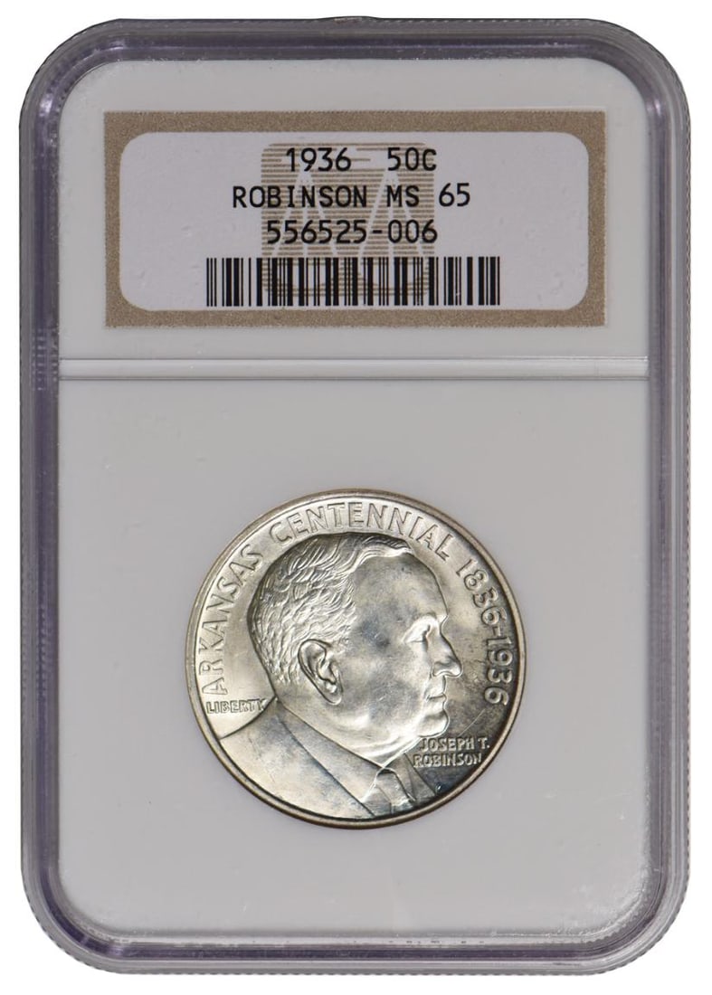 1936 Robinson Arkansas Commemorative Half Dollar NGC MS65: One 1936 Robinson Arkansas Commemorative Half Dollar NGC MS65.