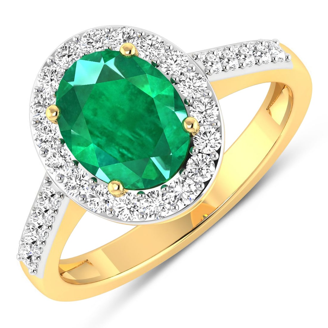 14KT Yellow Gold 1.53ctw Zambian Emerald and Diamond Ring: Zambian Emerald (AA) Oval 9x7mm 1Pc + White Diamond F/C Round 1.50mm 28Pcs ( White Pan Rhodium ) ( SI 2/HI ) Total weight of gemstone is 1.53cts. Total Diamond weight is 0.39cts. Total weight of this 