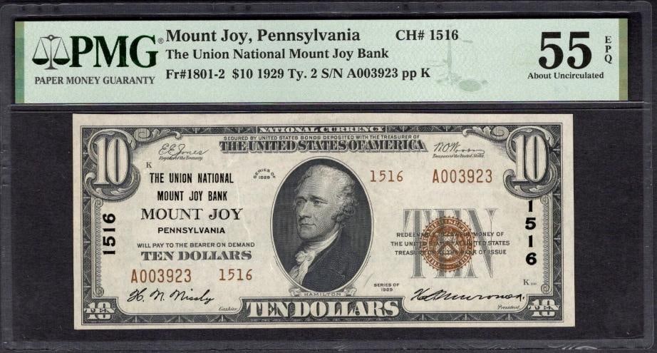 1929 $10 Mount Joy PA National PMG 55EPQ: One 1929 $10 Mount Joy PA National PMG 55EPQ.
