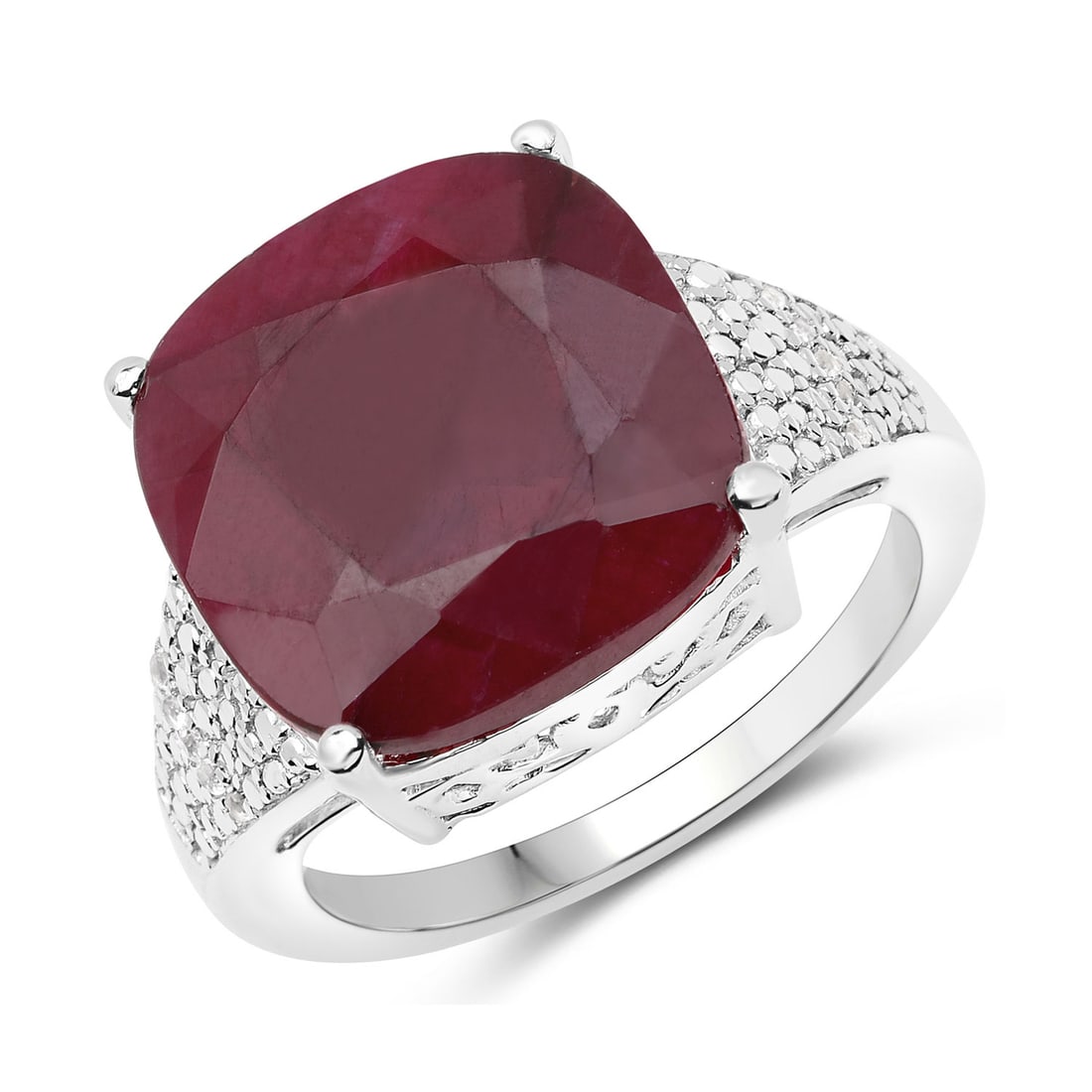Sterling Silver 14.47ct Dyed Ruby and White Topaz Ring: One cushion cut Dyed Ruby with a total weight of 14.42cts. 10 White Topaz stones with a total weight of 0.05cts. Weight of ring is 6.7 grams. Ring size 7.