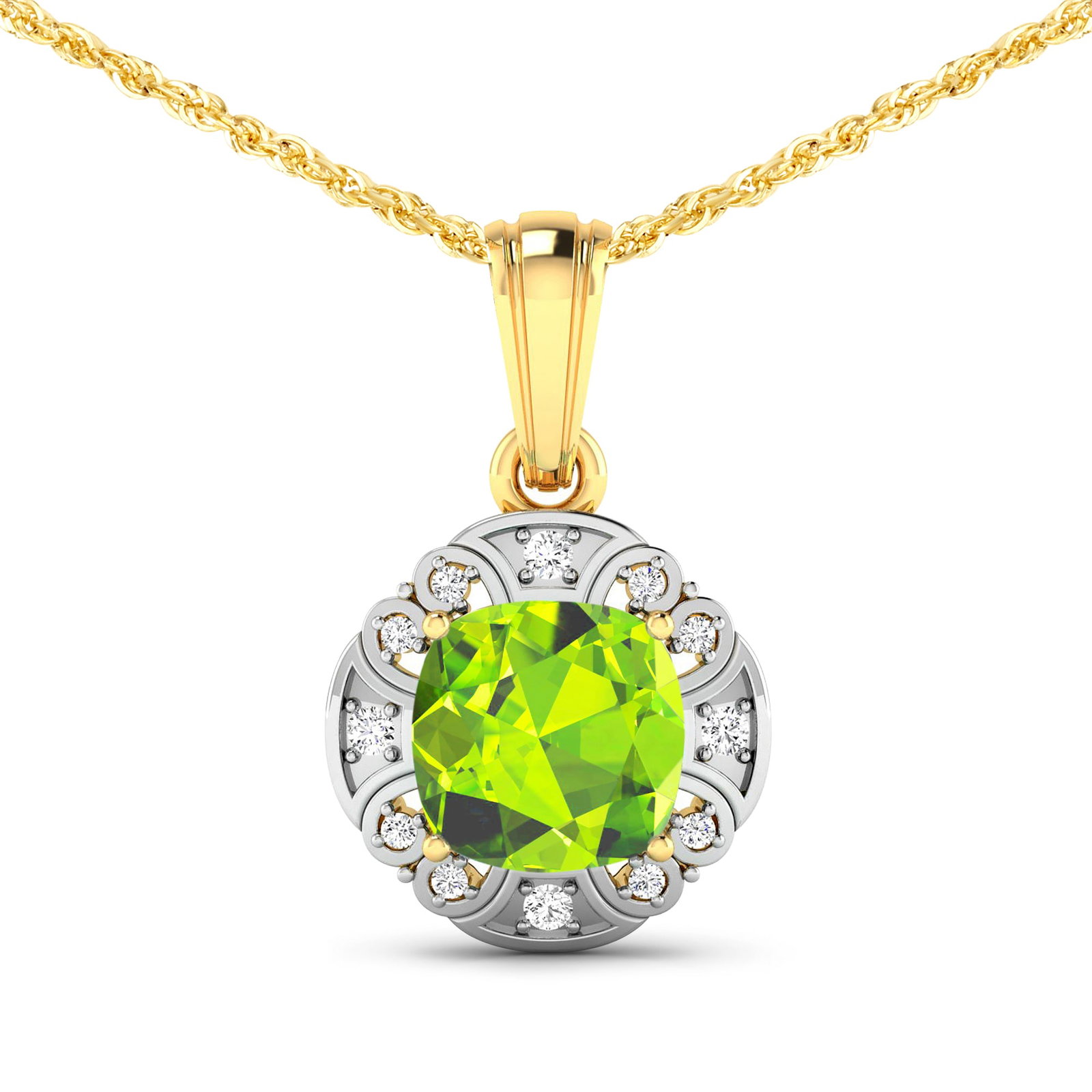 14KT Yellow Gold 2.02ctw Peridot and Diamond Pendant: Peridot Cushion 8.00mm 1Pc + White Diamond F/C Round 1.50mm 4Pcs + White Diamond F/C Round 1.00mm 8Pcs ( White Pan Rhodium ) ( SI 2/HI ) Total weight of gemstone is 2.02cts. Total Diamond weight is 0.
