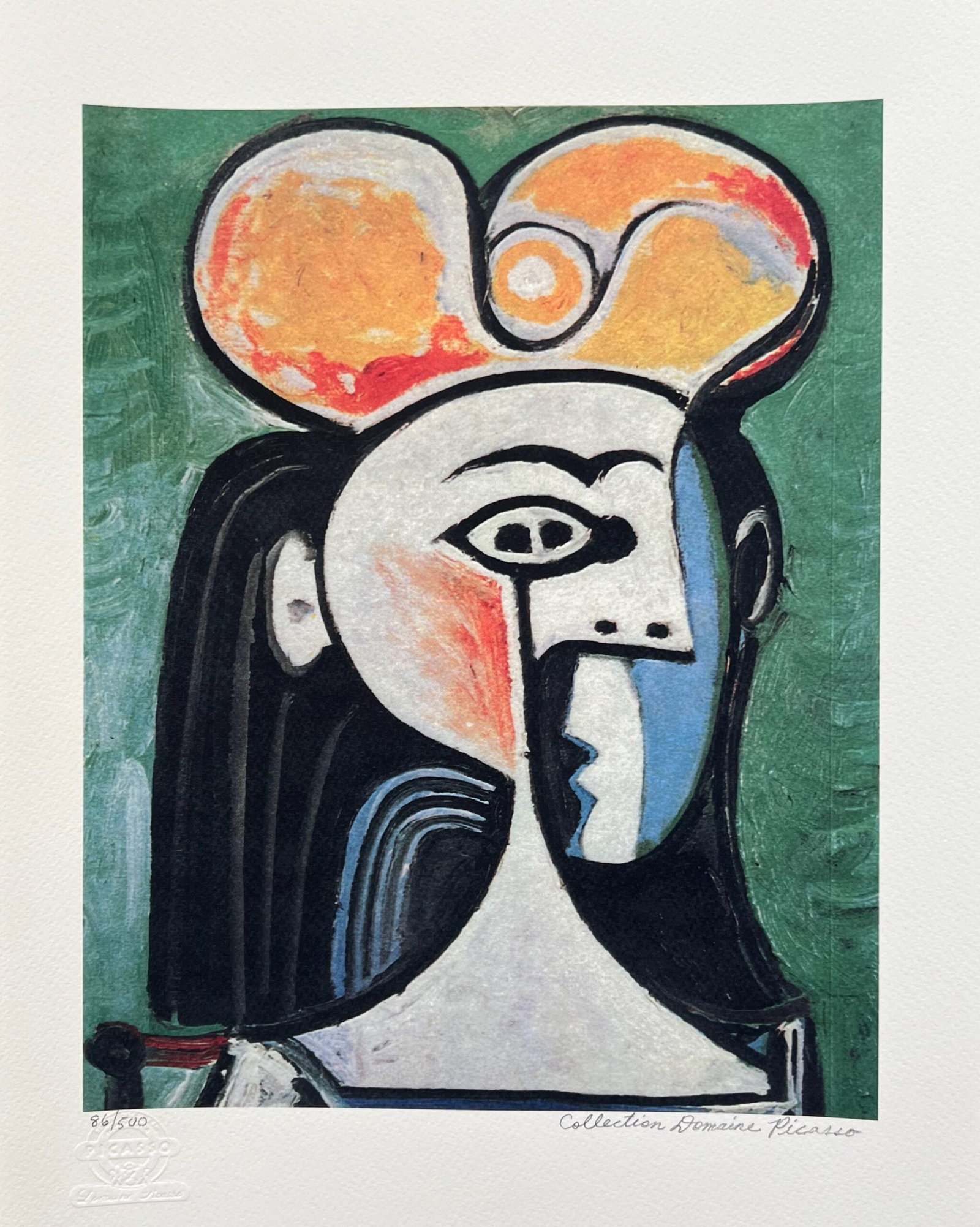 Pablo Picasso GIRL WITH BLACK HAIR Estate Signed Limited Edition Giclee: This is a PABLO PICASSO (ESTATE COLLECTION DOMAINE) (1881 1973) small giclee titled GIRL WITH BLACK HAIR. This piece is pencil signed on the lower right as Collection Domaine Picasso and has an emboss