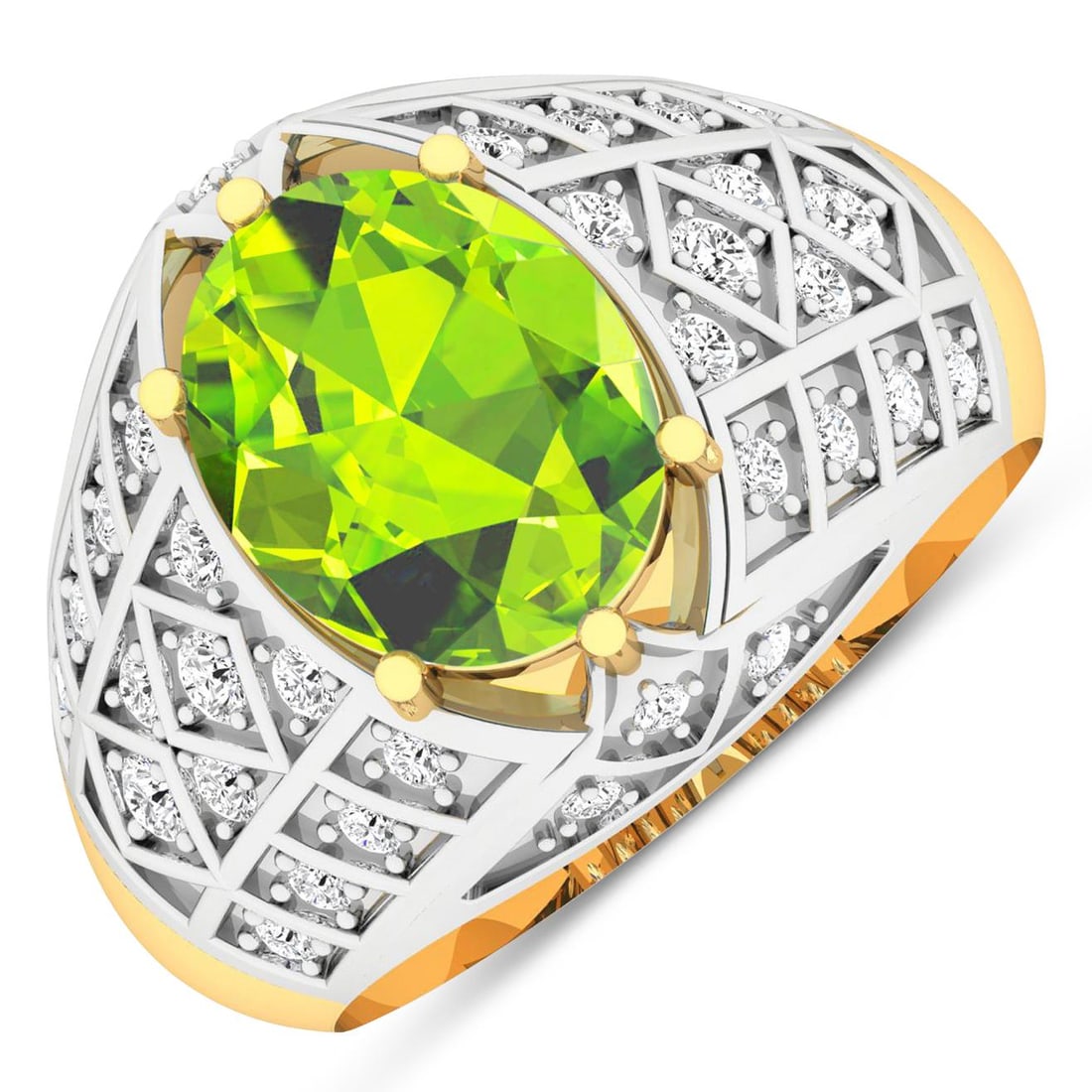 14KT Yellow Gold 2.3ctw Peridot and Diamond Ring: Peridot Oval 10x8mm 1Pc + White Diamond F/C Round 1.80mm 4Pcs + White Diamond F/C Round 1.50mm 8Pcs + White Diamond F/C Round 1.30mm 16Pcs + White Diamond F/C Round 1.20mm 6Pcs ( White Pan Rhodium ) (