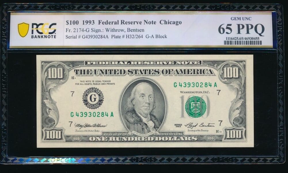 1993 $100 Chicago FRN PCGS 65PPQ: One 1993 $100 Chicago FRN PCGS 65PPQ.