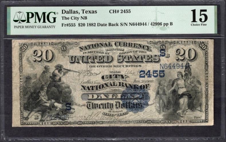 1882 $20 Dallas TX National PMG 15: One 1882 $20 Dallas TX National PMG 15.