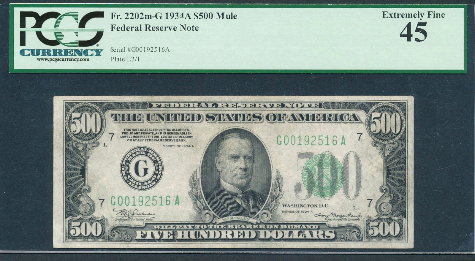 1934A $500 Chicago FRN PCGS 45: One 1934A $500 Chicago FRN PCGS 45.