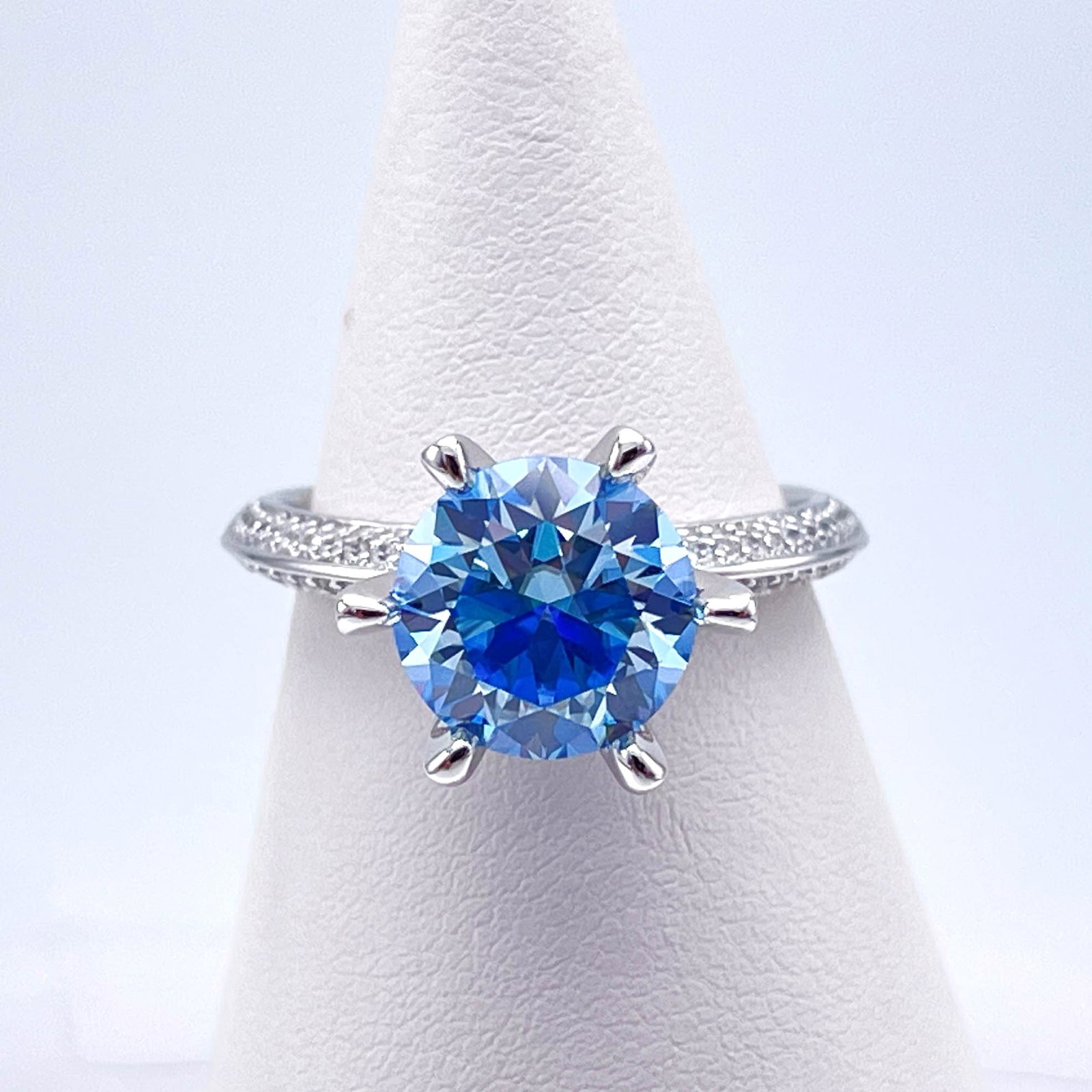 Plated 14KT White Gold 3 Ct VVs1 Cornflower Blue Moissanite Ring (1 of 7)