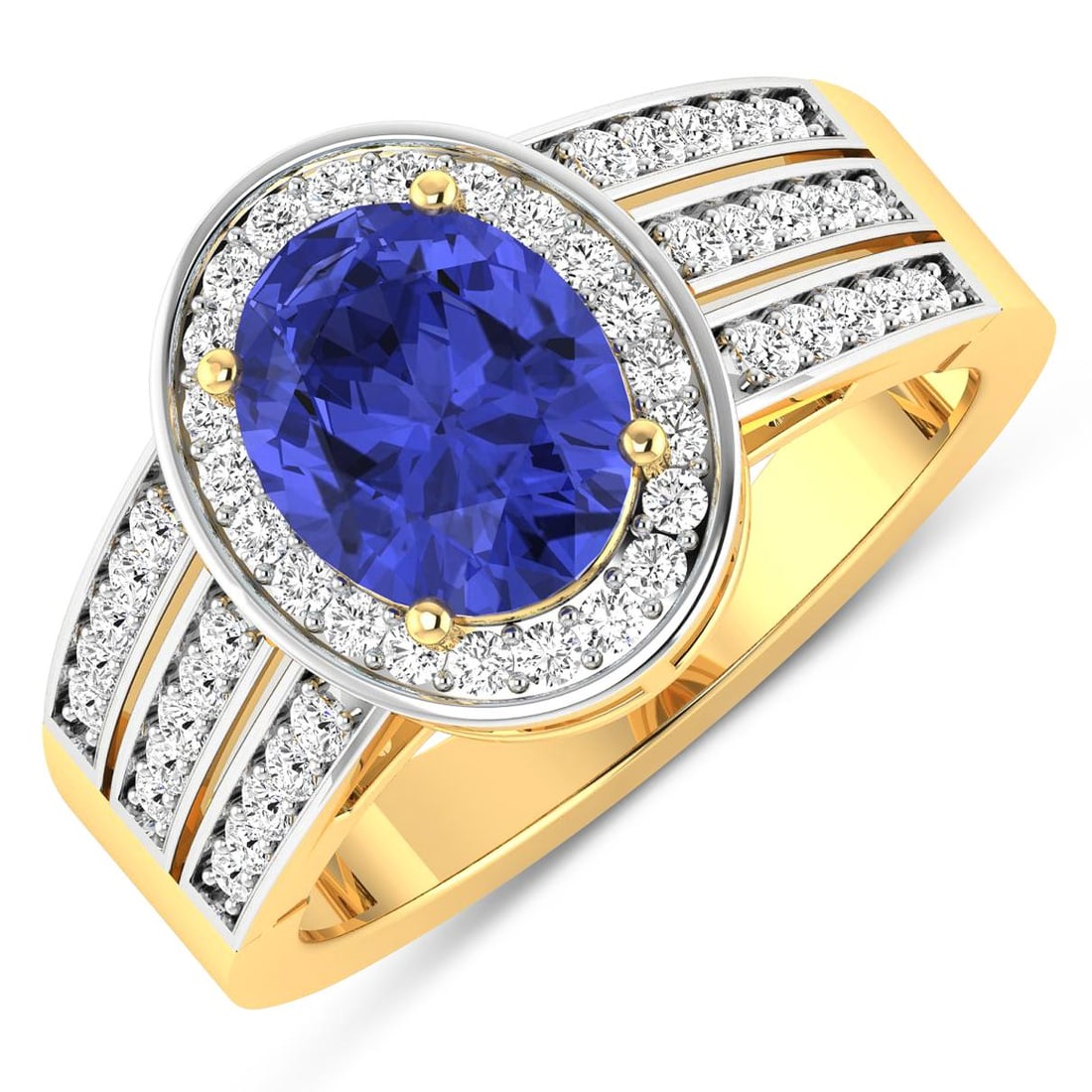 14KT Yellow Gold 1.41ctw Tanzanite and Diamond Ring: Tanzanite (AA+) Oval 9x7mm 1Pc + White Diamond F/C Round 1.30mm 32Pcs + White Diamond F/C Round 1.20mm 6Pcs + White Diamond F/C Round 1.10mm 6Pcs + White Diamond F/C Round 1.00mm 8Pcs ( White Pan Rhod